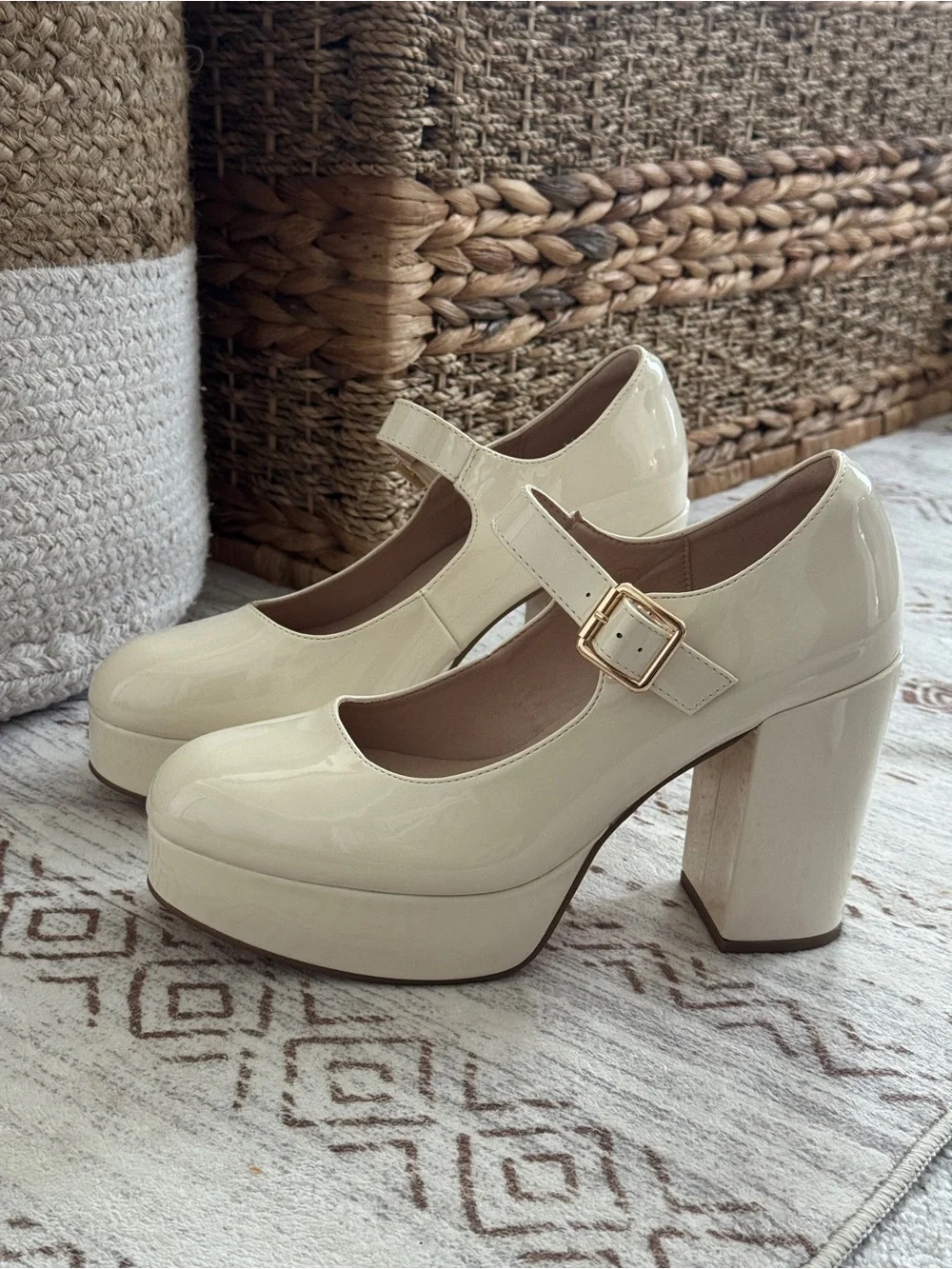 Platform Mary Jane Heels in Cream Patent with Gold Buckle